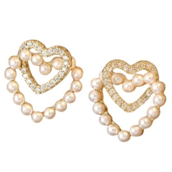 2/$24 Heart-Shaped Pearl & Rhinestone Stud Earrings - Picture 3 of 6
